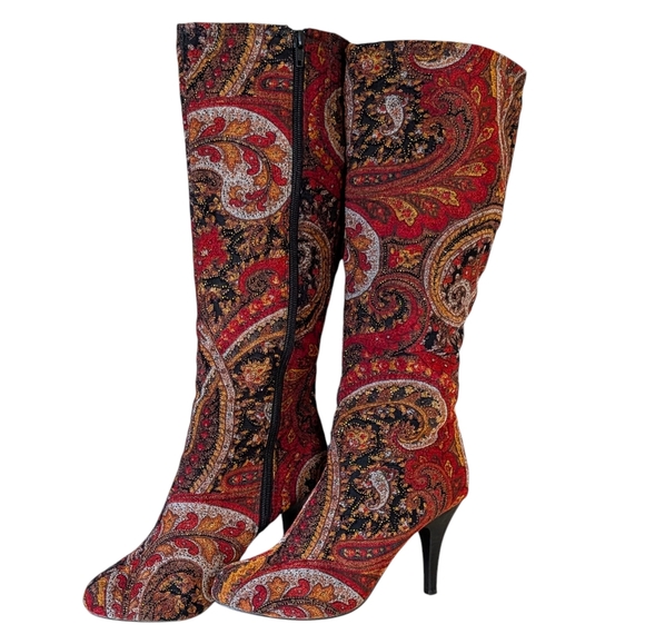 Diba Red and Black Tapestry Heeled Boots Bohemian Hippie Festival Business - Picture 1 of 8